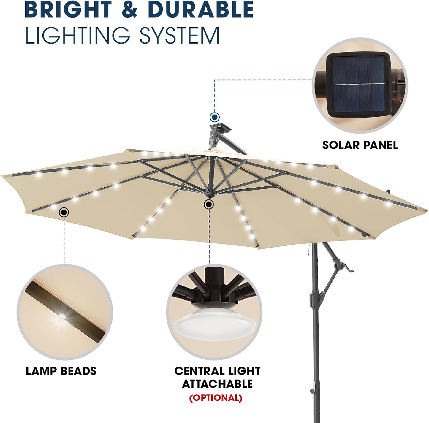 10Ft Solar LED Offset Hanging Market Cantilever Patio Umbrella for Backyard, Poolside, Lawn and Garden, Easy Tilt Adjustment, Polyester Shade & Cross Base, Beige