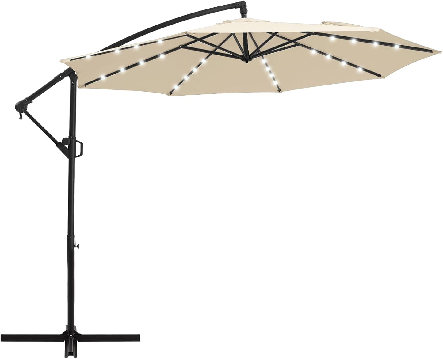 10Ft Solar LED Offset Hanging Market Cantilever Patio Umbrella for Backyard, Poolside, Lawn and Garden, Easy Tilt Adjustment, Polyester Shade & Cross Base, Beige
