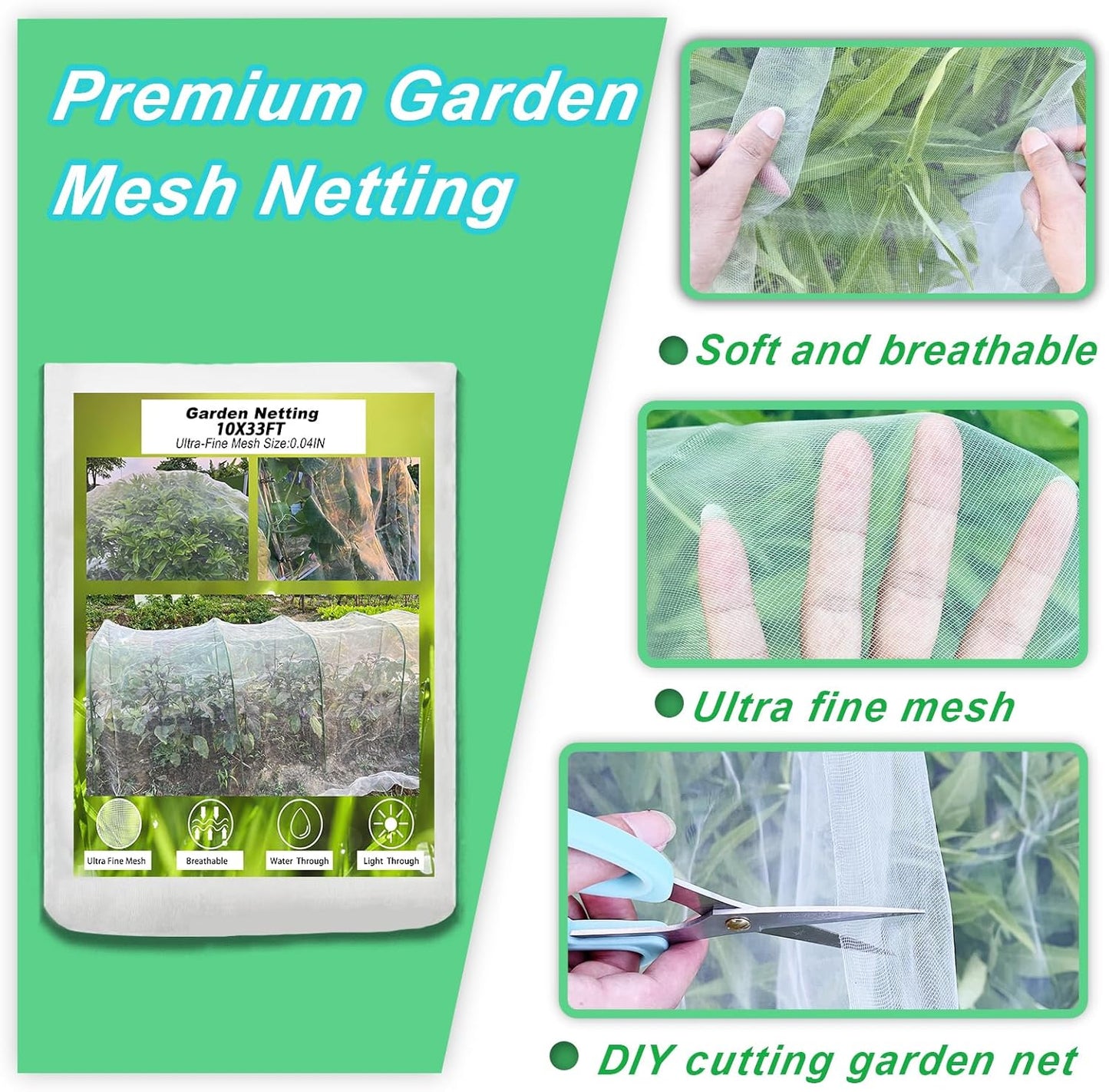 Garden Netting Kit, 8PCS Garden Hoops and 10X33Ft Garden Mesh for Raised Beds, Ultra Fine Plant Net for Vegetable Fruits Crops Row Cover Barrier Protection Net for Animals