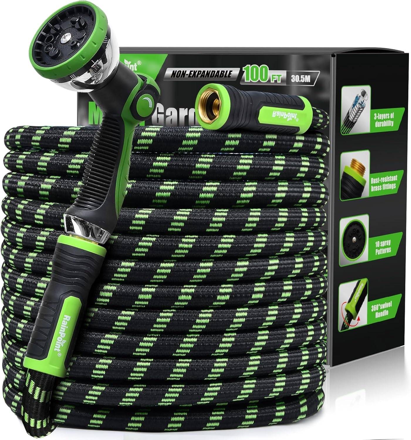 Metal Garden Hoses for Yard 100 Ft - No-Kink 304 Water Hose 100Ft with 10 Mode Nozzle - Brass Connection, Swivel Handle, Flexible Hose,Lightweight, Puncture