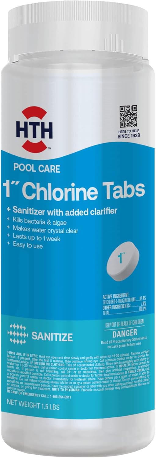 42049 Pool Care 1" Chlorine Tabs, Swimming Pool Sanitizer with Added Clarifier - Eliminates Bacteria & Algae, Makes Water Clean & Crystal Clear, Sanitizes & Protects - Slow Dissolving, 1.5 Lbs