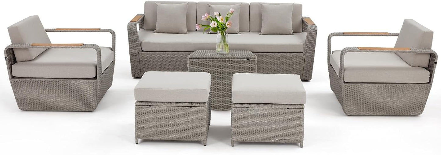 6 Pieces Patio Furniture Set, Outdoor Sectional Conversation Rattan Sofa Set with Ottoman and Outdoor Side Coffee Table for Garden, Porch, Backyard (Light Gray)