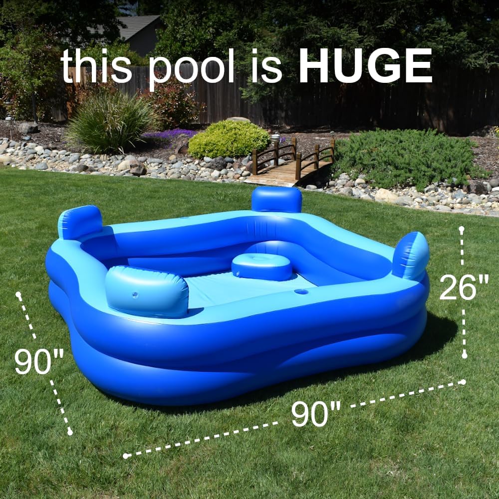 ™ Inflatable Pool with Seats and Headrests 8' X 8' - Bundle - Electric Pump Included - Protective Tarp Included