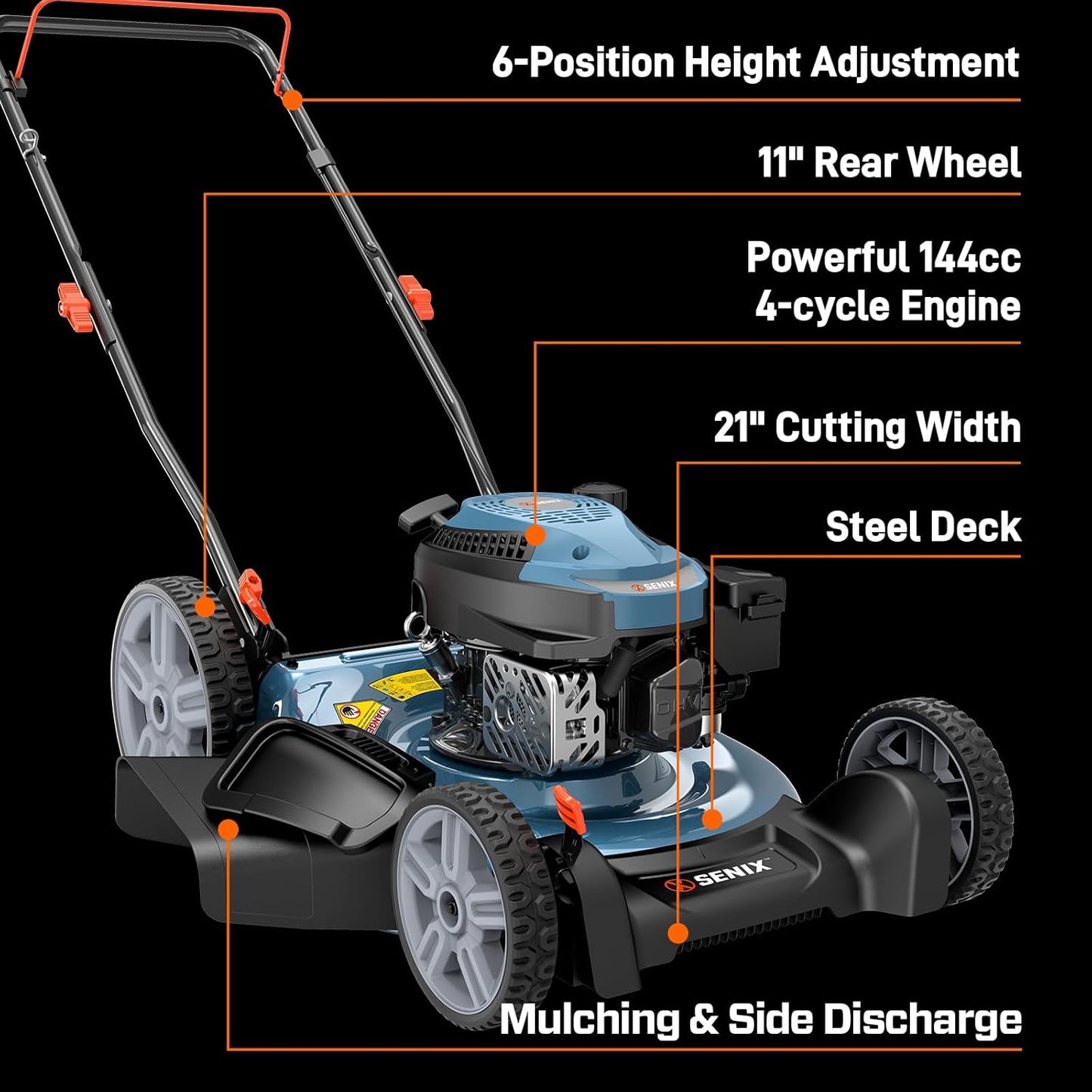 144 Cc Gas Lawn Mower, 21 Inch 2-In-1 Push with Mulching and Side Discharge, 4-Cycle Engine, 6 Position Cutting Height Adjustment for Yard and Garden (LSPG-L6)