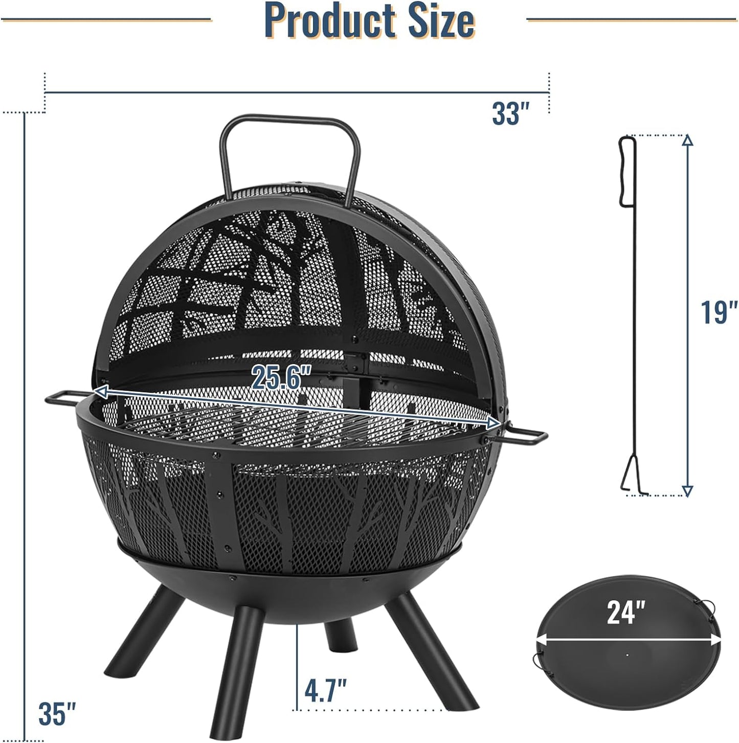 35 Inch Wood Burning Fire Pit with BBQ Grill, Heavy Duty Fire Pits Ball for outside with Spark Screen & Removable Ash Pan, Outdoor Firepit & Fireplace for Bonfire in Garden, Yard
