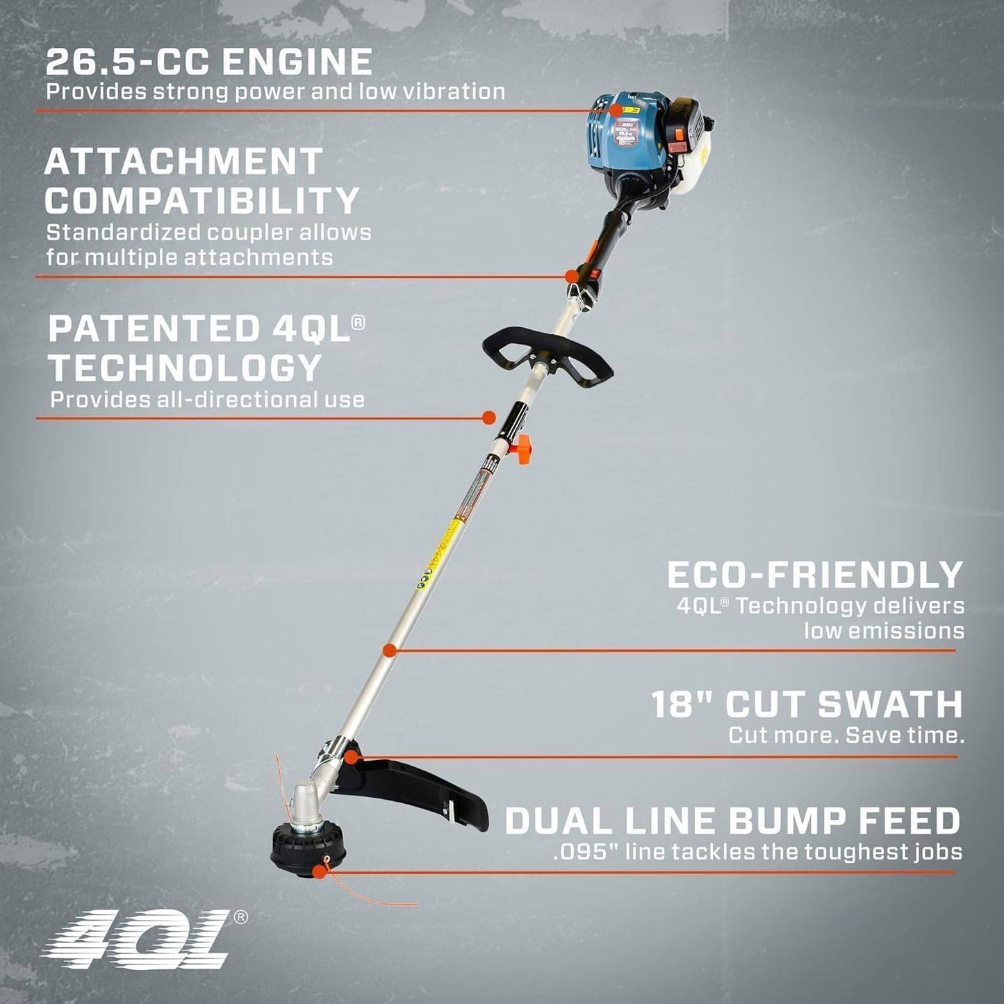 4QL 26.5 Cc Full Crank Gas Weed Wacker, String Trimmer and Edger Lawn Tool with Straight Shaft, Front D-Handle, Bump Feed, 17.7 Inch Cutting Width (GTS4QL-L)