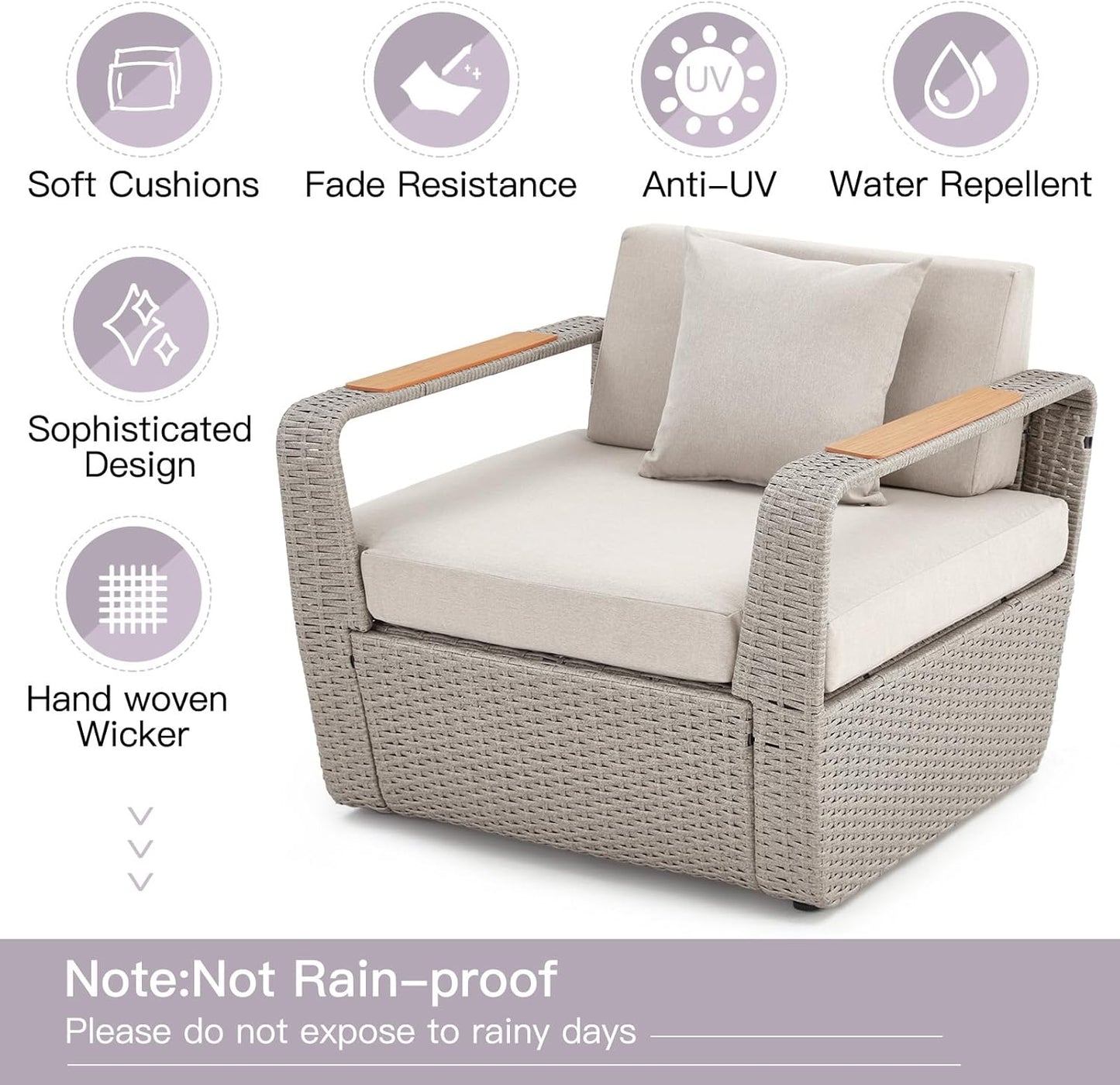 6 Pieces Patio Furniture Set, Outdoor Sectional Conversation Rattan Sofa Set with Ottoman and Outdoor Side Coffee Table for Garden, Porch, Backyard (Light Gray)