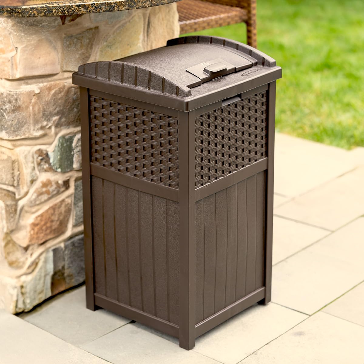33 Gallon Outdoor Trashcan Hideaway with Lid for 30 to 33 Gallon Trash Bags for Garage, Backyard, or Garden, Brown, Made in the USA