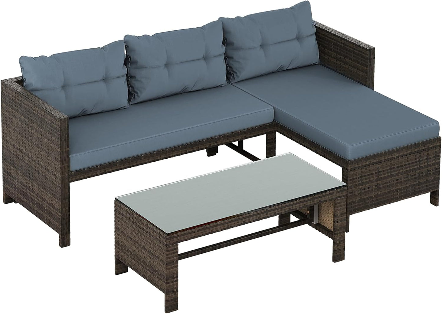 Outdoor Patio Furniture Sets, Wicker Patio Sectional Sets 3-Piece, All Weather Wicker Rattan Patio Seating Sofas with Glass Coffee Table and Cushion (Blue)
