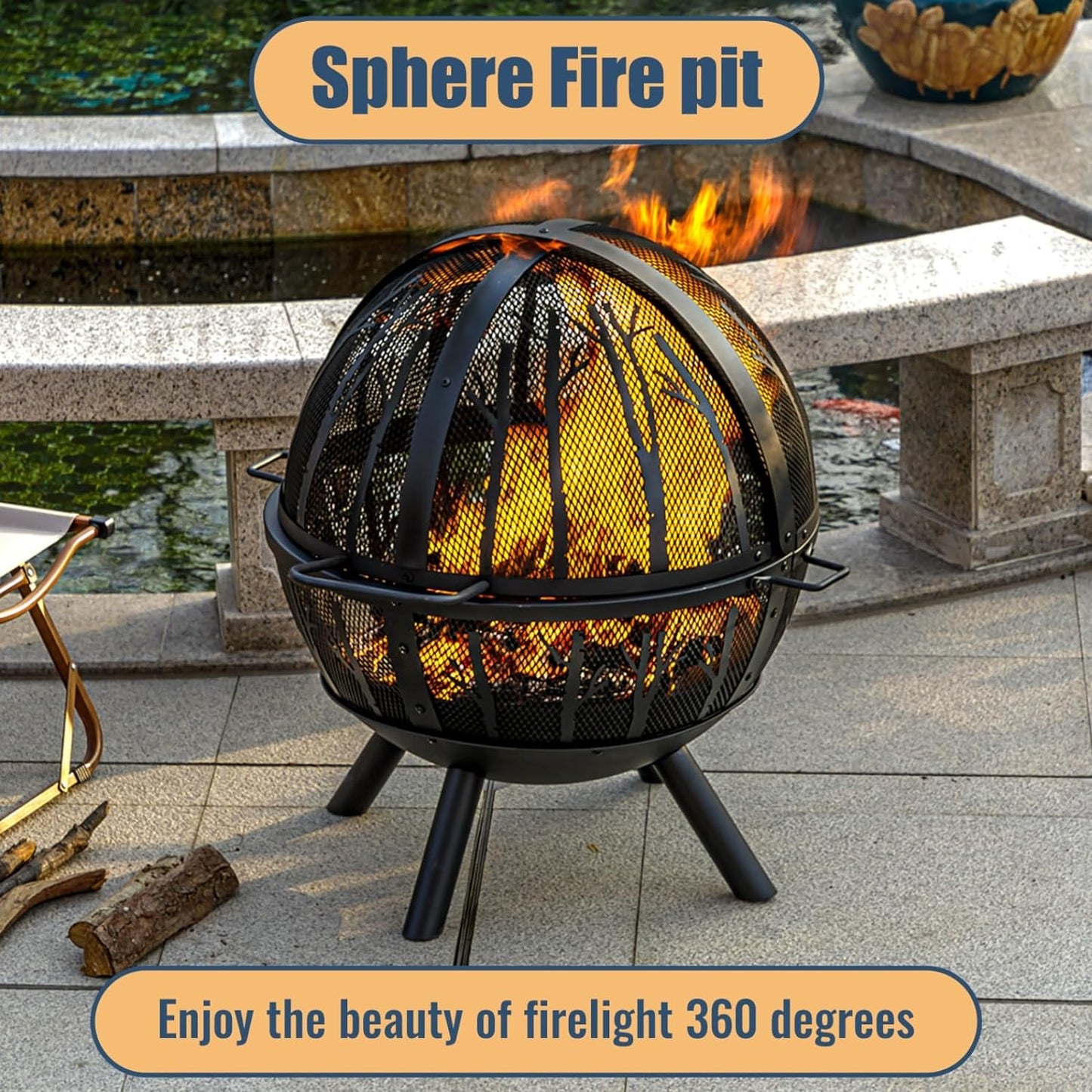 35 Inch Wood Burning Fire Pit with BBQ Grill, Heavy Duty Fire Pits Ball for outside with Spark Screen & Removable Ash Pan, Outdoor Firepit & Fireplace for Bonfire in Garden, Yard