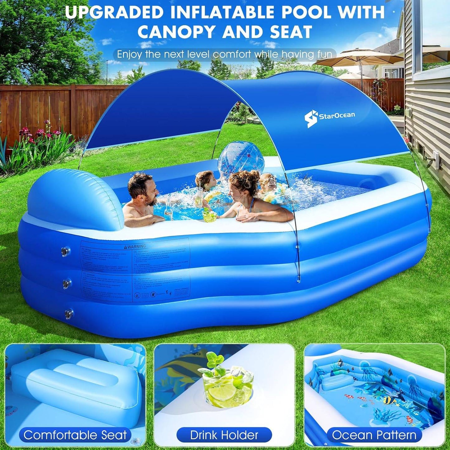 Inflatable Pool with Canopy, Large Inflatable Swimming Pool for Kids,Adult, Blowup Pools with Seats,Backrest.Durable Thickened 126"X75"X25"Inflatable Family Pools for Backyard,Blue