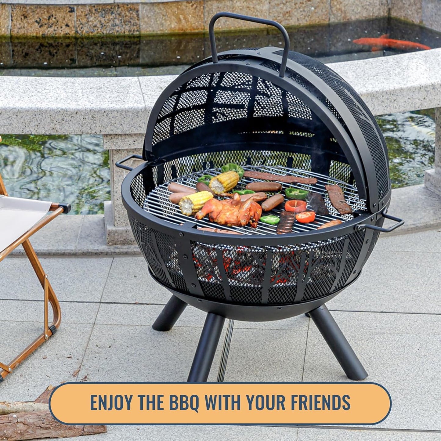 35 Inch Wood Burning Fire Pit with BBQ Grill, Heavy Duty Fire Pits Ball for outside with Spark Screen & Removable Ash Pan, Outdoor Firepit & Fireplace for Bonfire in Garden, Yard