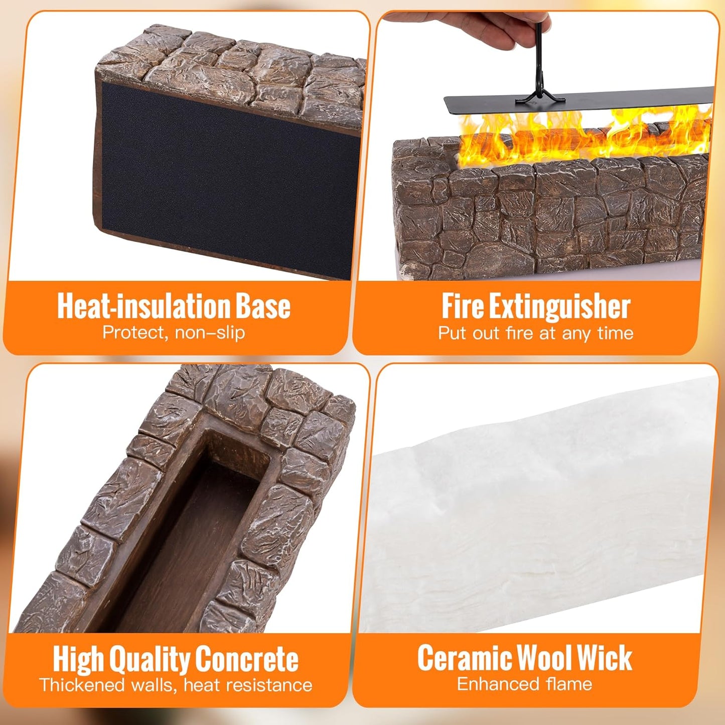 Tabletop Fire Pit, Indoor Outdoor Concrete Table Fire Pit, Rectangle Portable Table Top Firepit Bowl, Tabletop Fireplace for Housewarming Gifts
