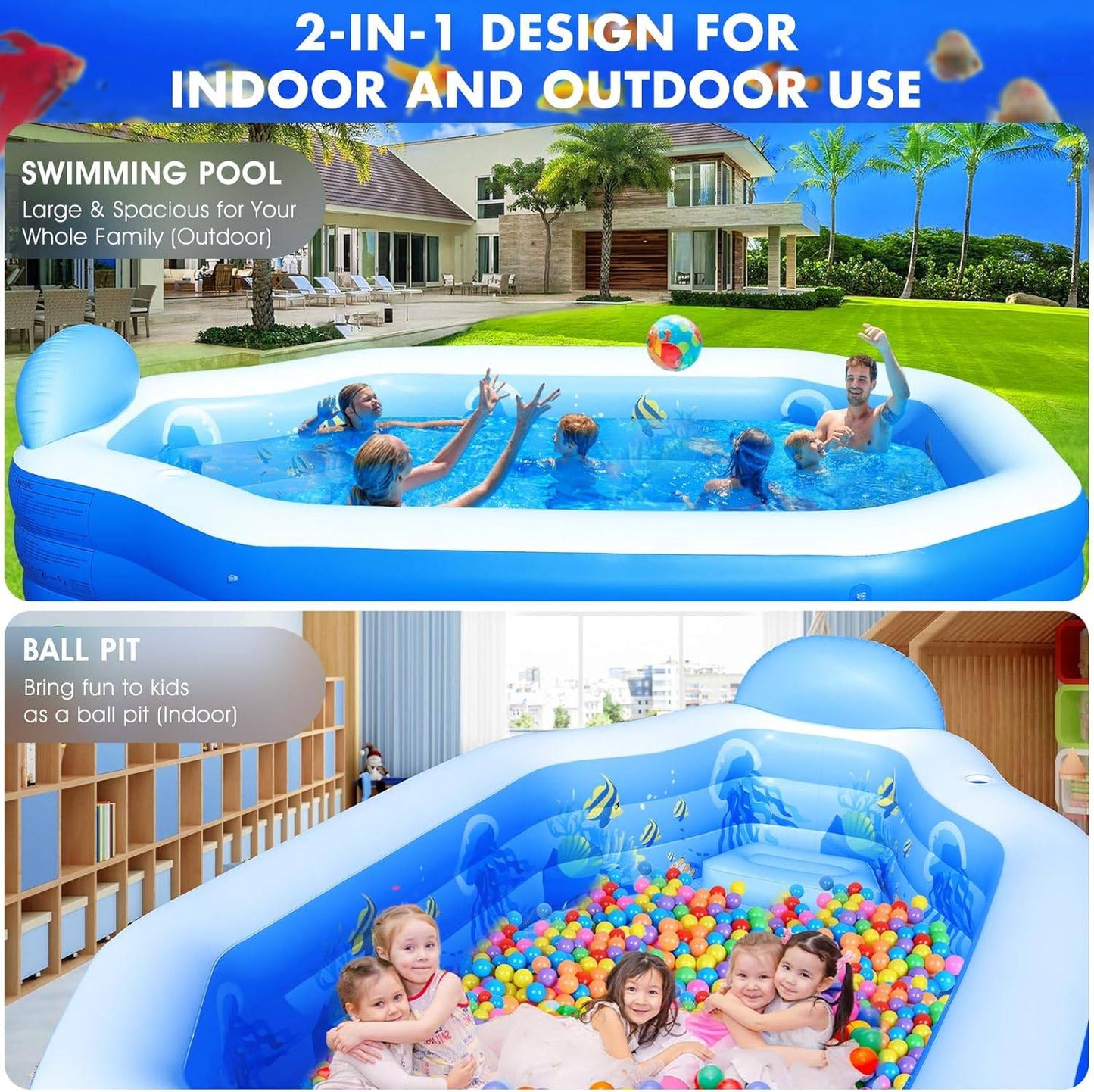 Inflatable Pool with Canopy, Large Inflatable Swimming Pool for Kids,Adult, Blowup Pools with Seats,Backrest.Durable Thickened 126"X75"X25"Inflatable Family Pools for Backyard,Blue