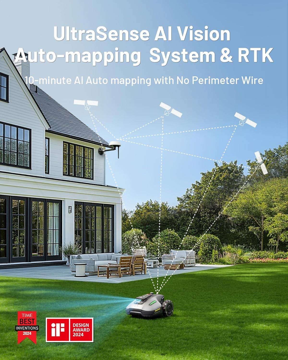 YUKA Mini 500H Robotic Lawn Mower Reception 0.12 Acre, Max. 0.17 Acre, Ultrasense AI Vision+ RTK Positioning, Auto Mapping, App Control, 50% Slope, Cutting Height 2''~3.5'', 15 Mowing Zones