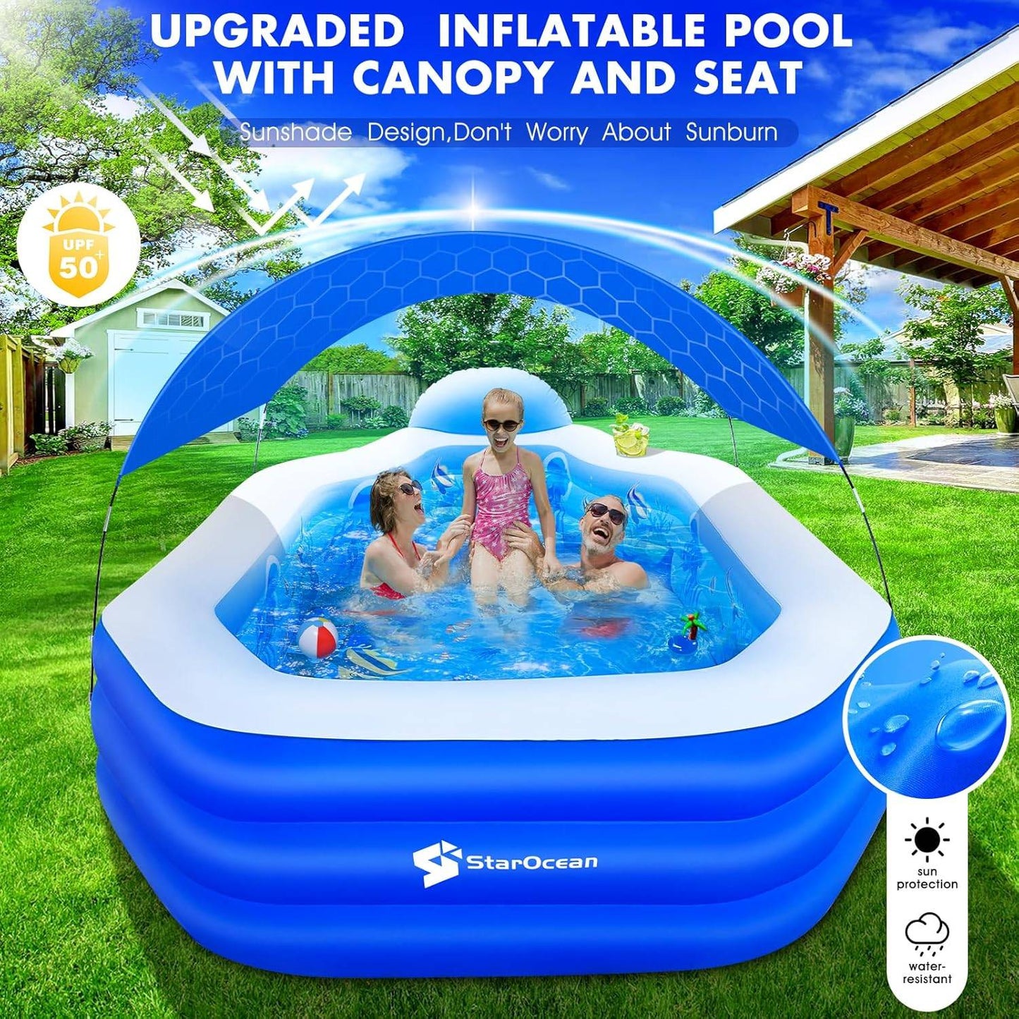 Inflatable Pool with Canopy, Large Inflatable Swimming Pool for Kids,Adult, Blowup Pools with Seats,Backrest.Durable Thickened 126"X75"X25"Inflatable Family Pools for Backyard,Blue