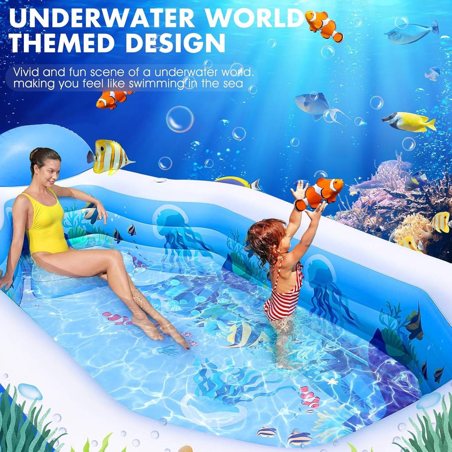Inflatable Pool with Canopy, Large Inflatable Swimming Pool for Kids,Adult, Blowup Pools with Seats,Backrest.Durable Thickened 126"X75"X25"Inflatable Family Pools for Backyard,Blue