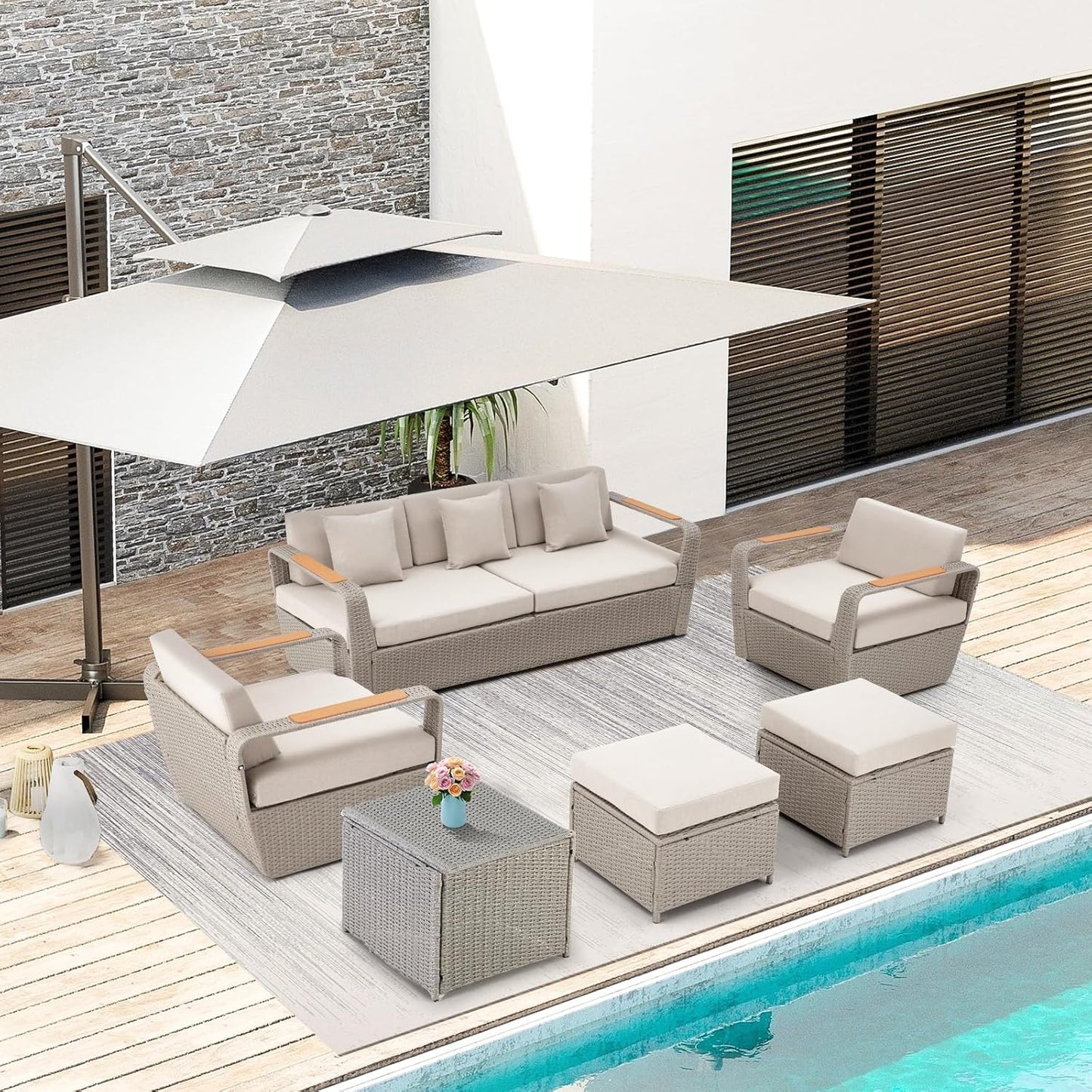 6 Pieces Patio Furniture Set, Outdoor Sectional Conversation Rattan Sofa Set with Ottoman and Outdoor Side Coffee Table for Garden, Porch, Backyard (Light Gray)