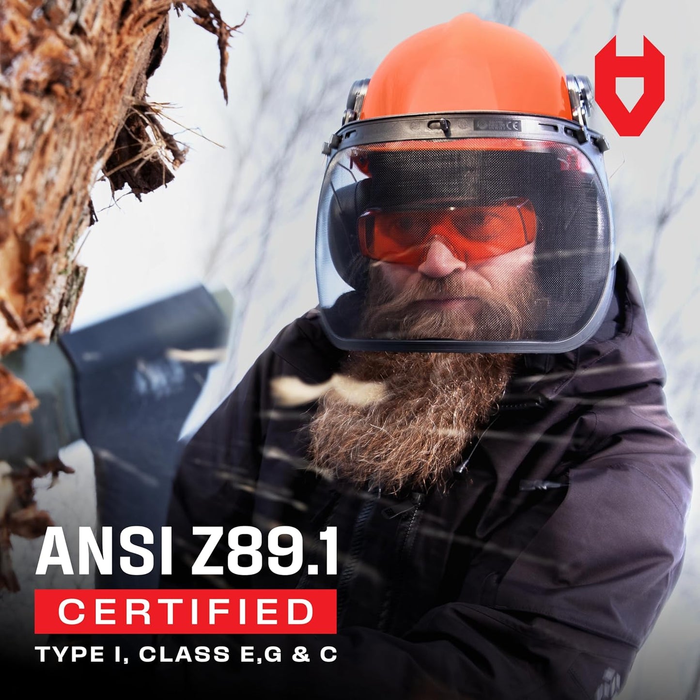 6-In-1 Industrial Chainsaw Helmet with Face Shield and Ear Muffs — Mesh & Clear Plastic Visors Included — ANSI Z89.1 Certified — Adjustable Headgear — Ideal for Forestry and Arborist Work