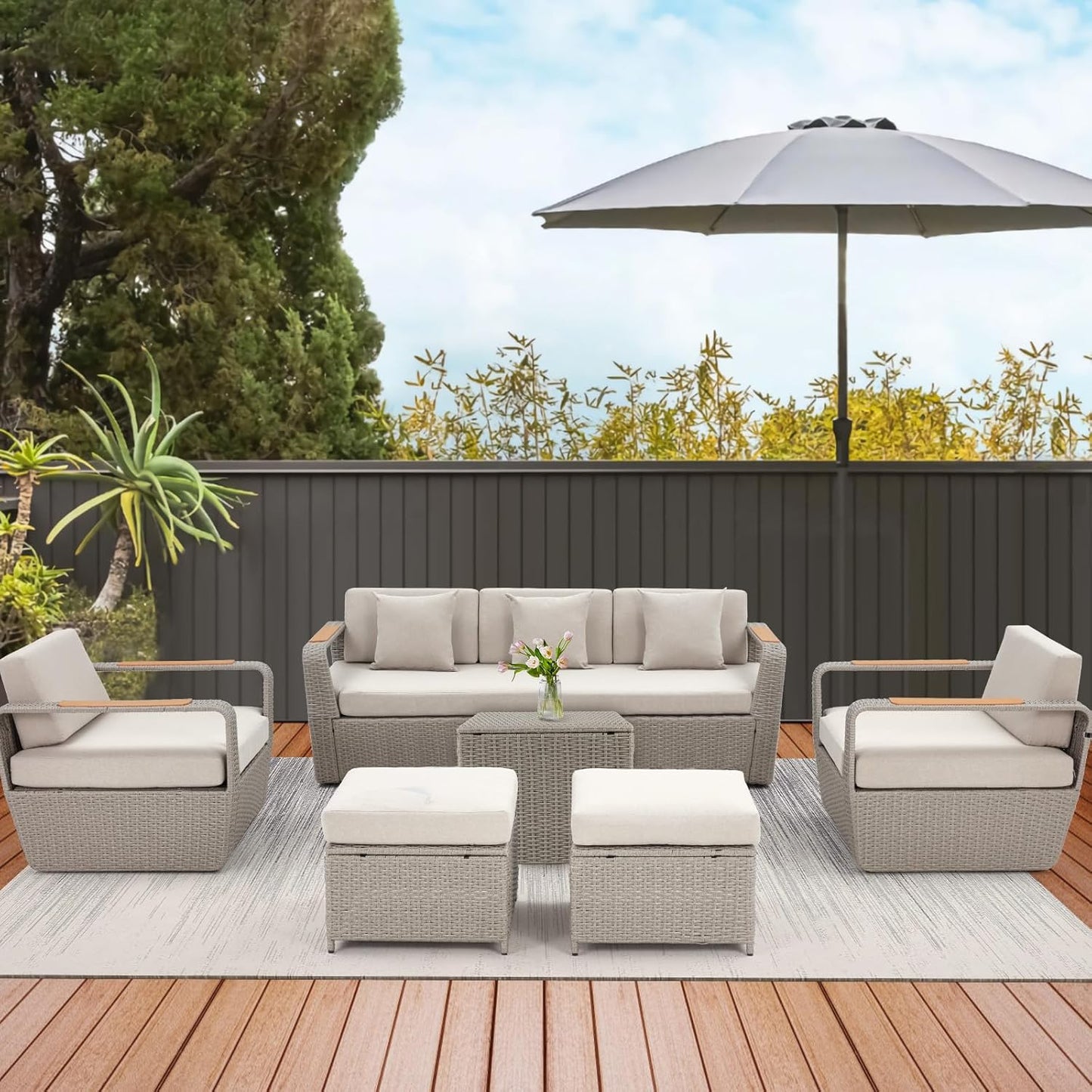 6 Pieces Patio Furniture Set, Outdoor Sectional Conversation Rattan Sofa Set with Ottoman and Outdoor Side Coffee Table for Garden, Porch, Backyard (Light Gray)