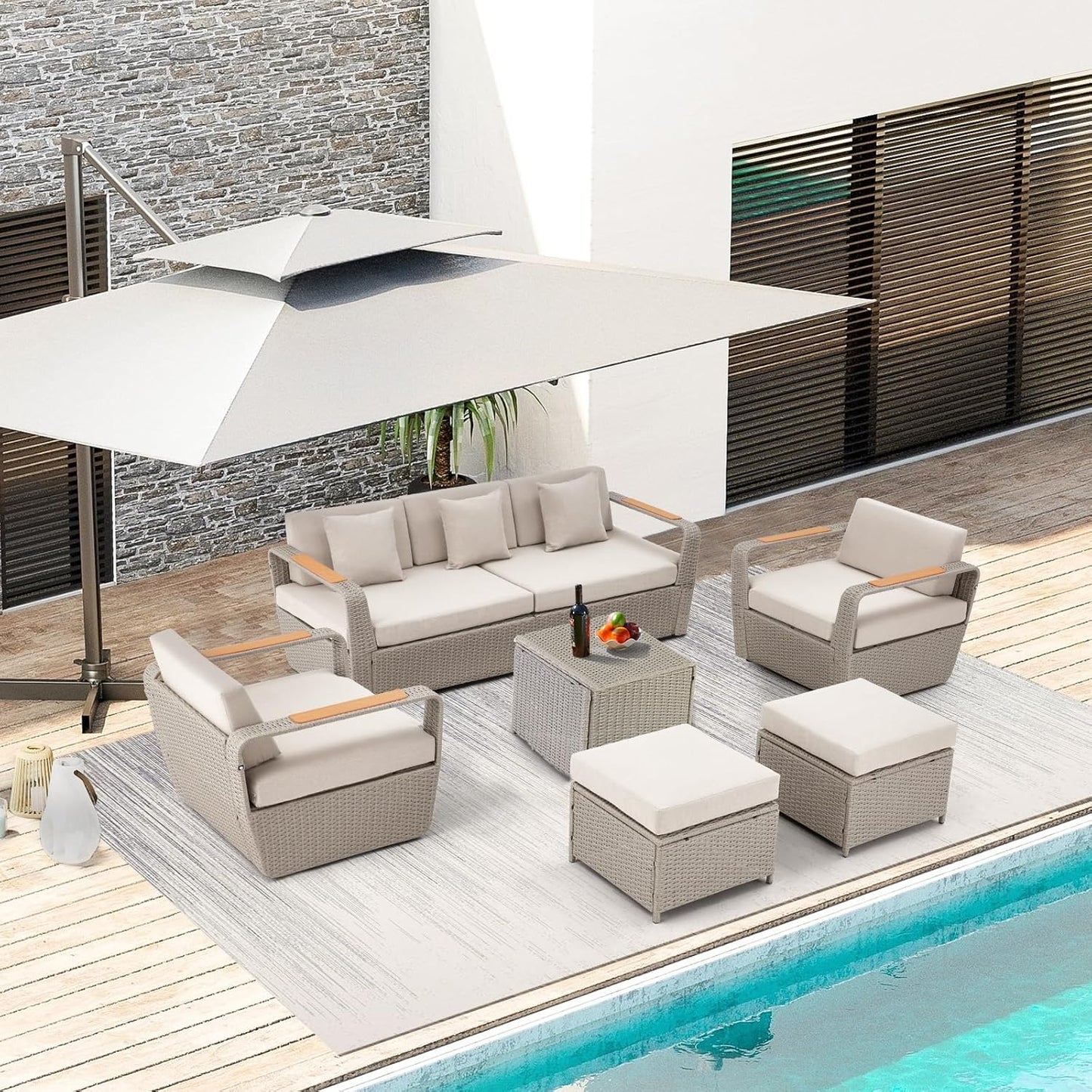 6 Pieces Patio Furniture Set, Outdoor Sectional Conversation Rattan Sofa Set with Ottoman and Outdoor Side Coffee Table for Garden, Porch, Backyard (Light Gray)