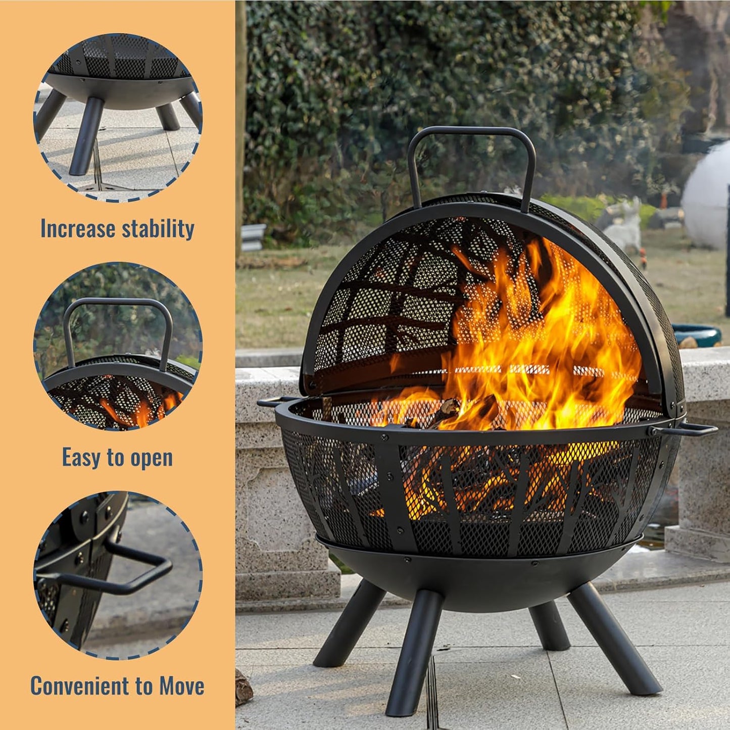 35 Inch Wood Burning Fire Pit with BBQ Grill, Heavy Duty Fire Pits Ball for outside with Spark Screen & Removable Ash Pan, Outdoor Firepit & Fireplace for Bonfire in Garden, Yard