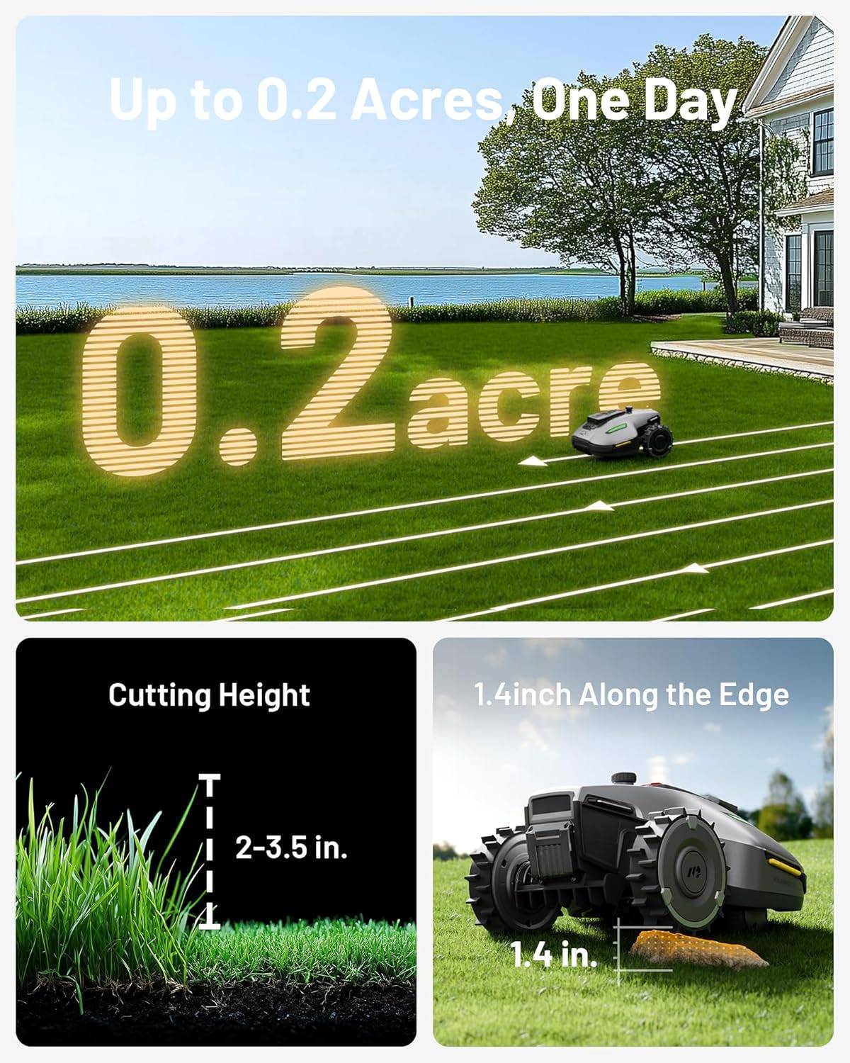 YUKA Mini 500H Robotic Lawn Mower Reception 0.12 Acre, Max. 0.17 Acre, Ultrasense AI Vision+ RTK Positioning, Auto Mapping, App Control, 50% Slope, Cutting Height 2''~3.5'', 15 Mowing Zones