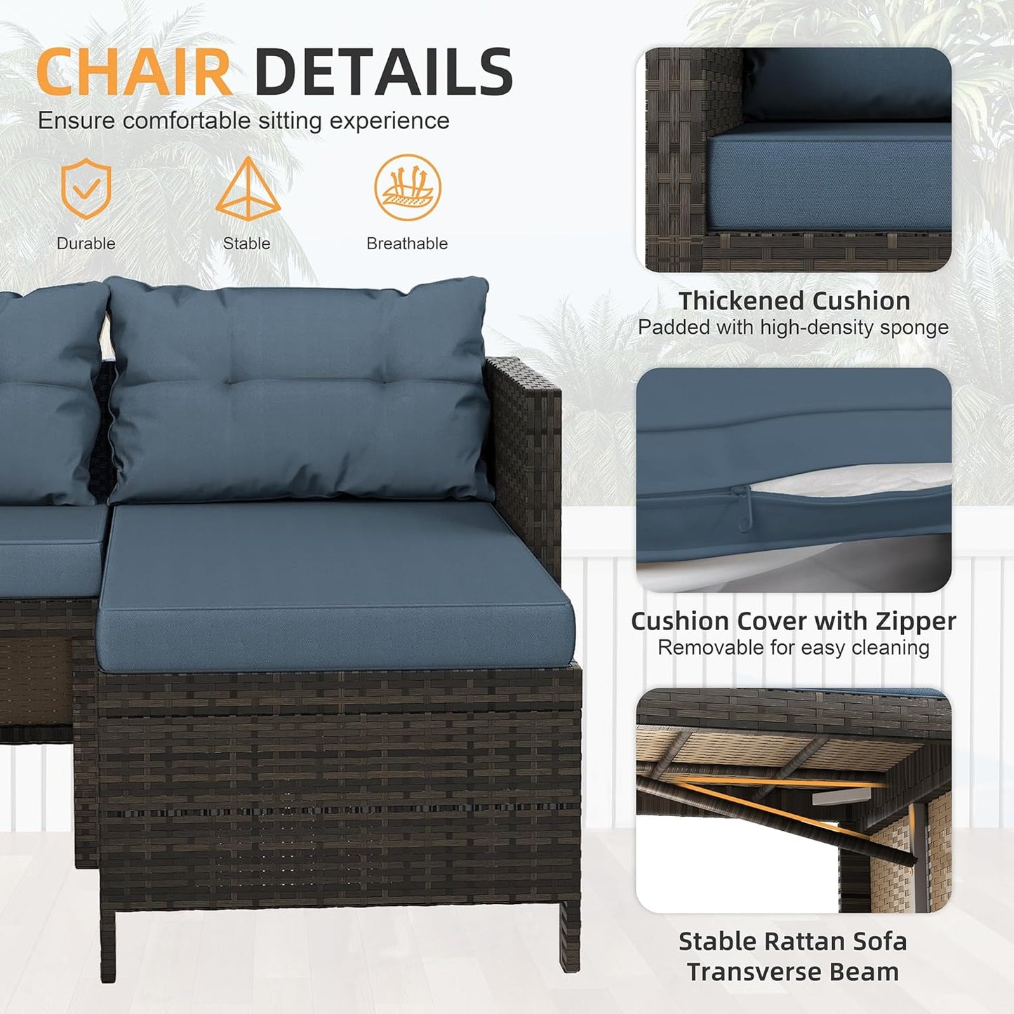 Outdoor Patio Furniture Sets, Wicker Patio Sectional Sets 3-Piece, All Weather Wicker Rattan Patio Seating Sofas with Glass Coffee Table and Cushion (Blue)