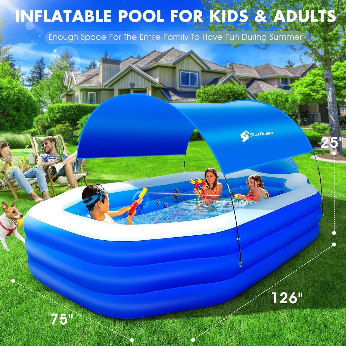 Inflatable Pool with Canopy, Large Inflatable Swimming Pool for Kids,Adult, Blowup Pools with Seats,Backrest.Durable Thickened 126"X75"X25"Inflatable Family Pools for Backyard,Blue