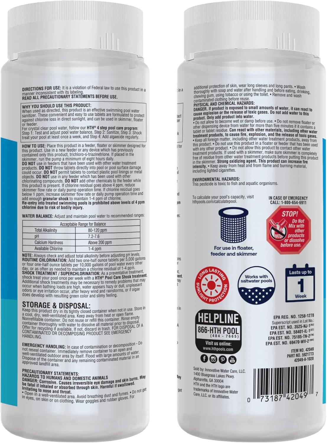 42049 Pool Care 1" Chlorine Tabs, Swimming Pool Sanitizer with Added Clarifier - Eliminates Bacteria & Algae, Makes Water Clean & Crystal Clear, Sanitizes & Protects - Slow Dissolving, 1.5 Lbs