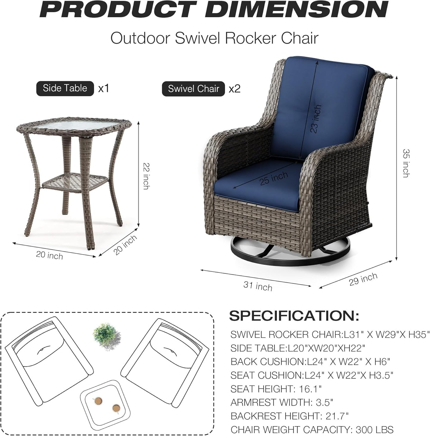 Outdoor Swivel Rocker Patio Chairs Set of 2 and Matching Side Table - 3 Piece Wicker Patio Bistro Set with Premium & Soft Fabric Cushions(Mixed Grey/Blue)