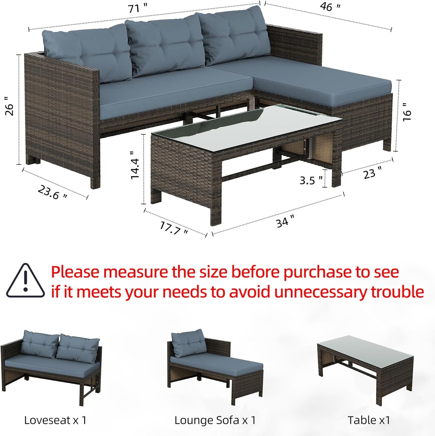 Outdoor Patio Furniture Sets, Wicker Patio Sectional Sets 3-Piece, All Weather Wicker Rattan Patio Seating Sofas with Glass Coffee Table and Cushion (Blue)