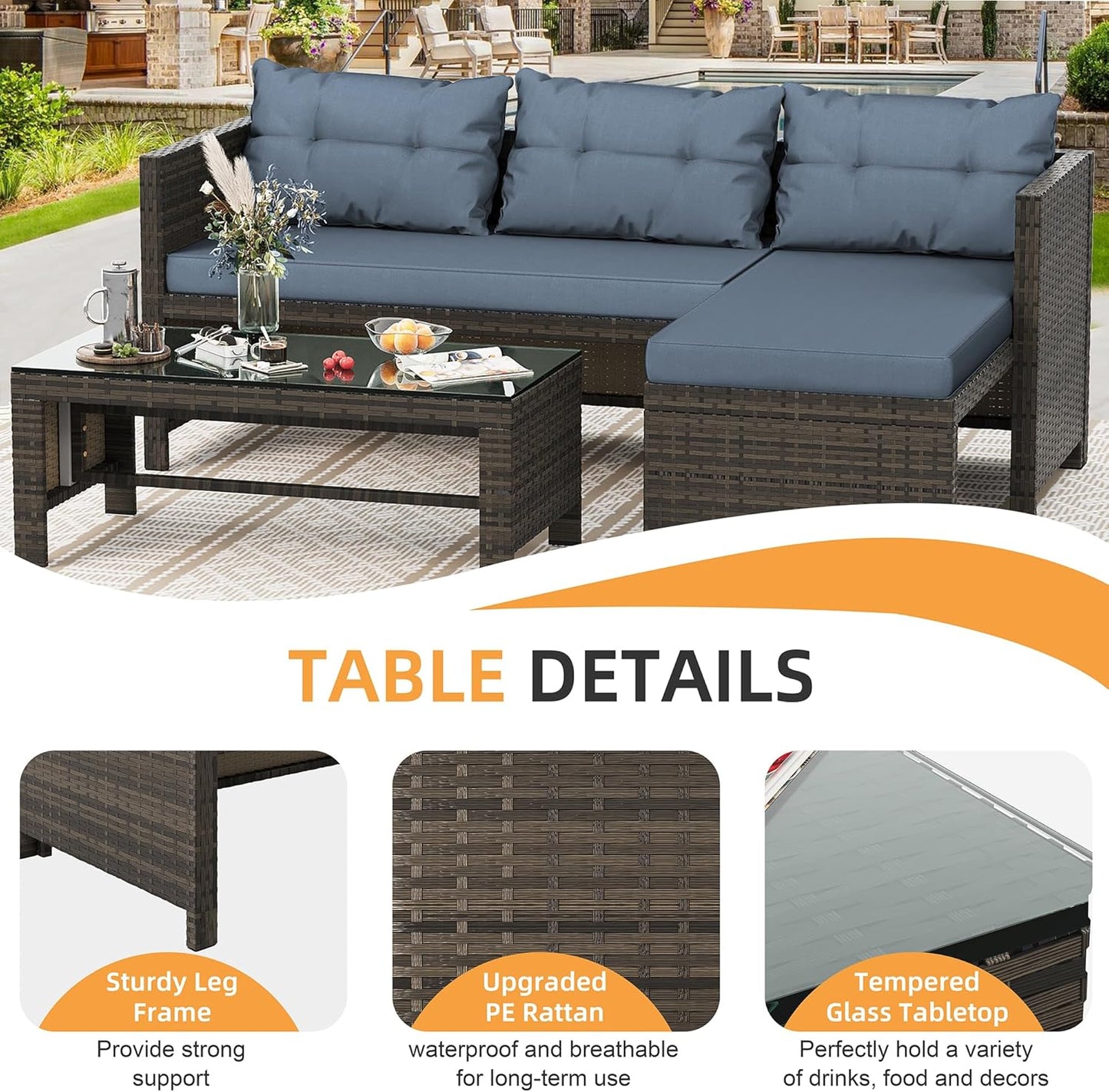 Outdoor Patio Furniture Sets, Wicker Patio Sectional Sets 3-Piece, All Weather Wicker Rattan Patio Seating Sofas with Glass Coffee Table and Cushion (Blue)
