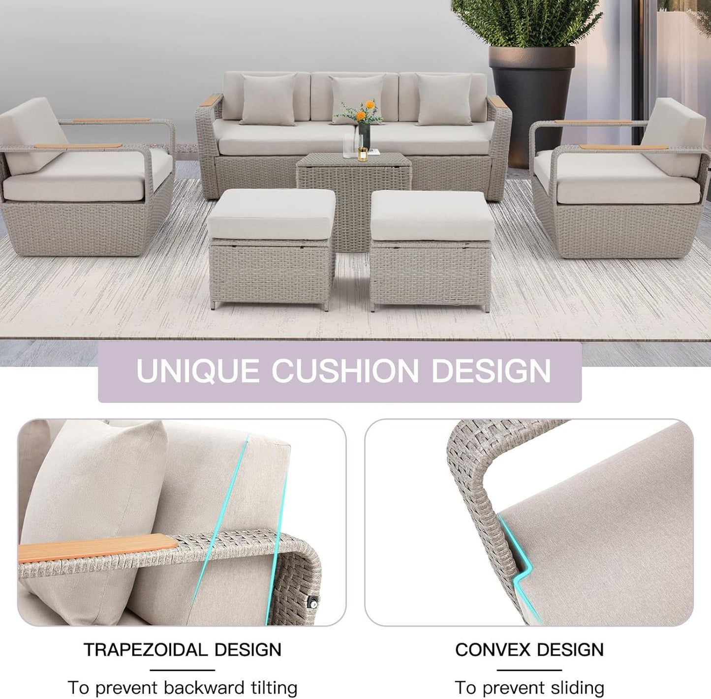 6 Pieces Patio Furniture Set, Outdoor Sectional Conversation Rattan Sofa Set with Ottoman and Outdoor Side Coffee Table for Garden, Porch, Backyard (Light Gray)
