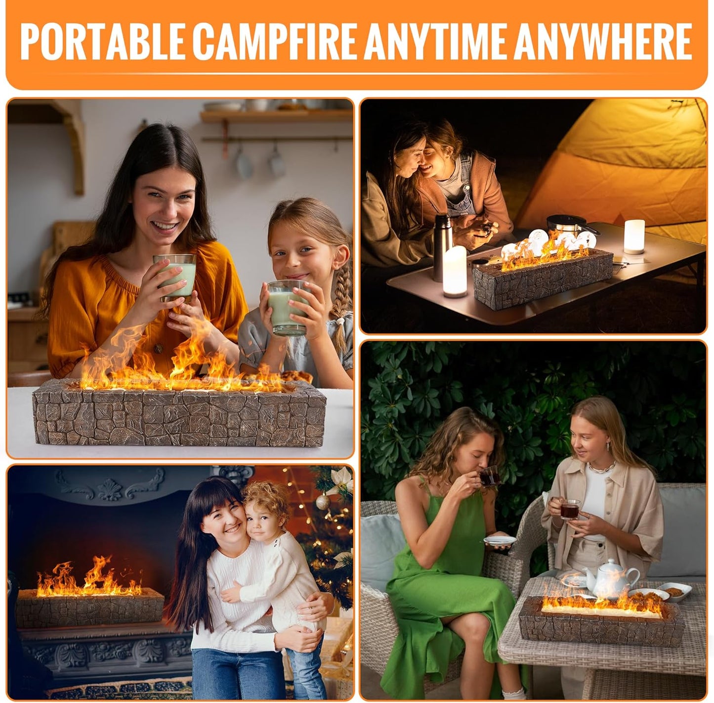 Tabletop Fire Pit, Indoor Outdoor Concrete Table Fire Pit, Rectangle Portable Table Top Firepit Bowl, Tabletop Fireplace for Housewarming Gifts