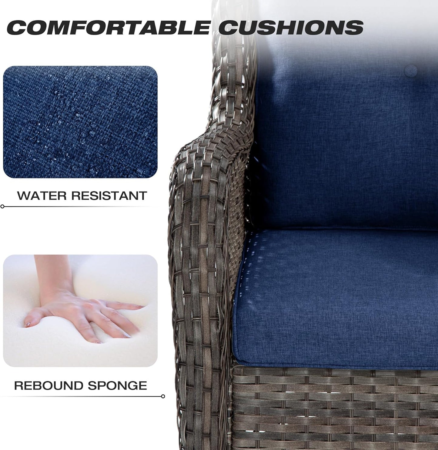 Outdoor Swivel Rocker Patio Chairs Set of 2 and Matching Side Table - 3 Piece Wicker Patio Bistro Set with Premium & Soft Fabric Cushions(Mixed Grey/Blue)
