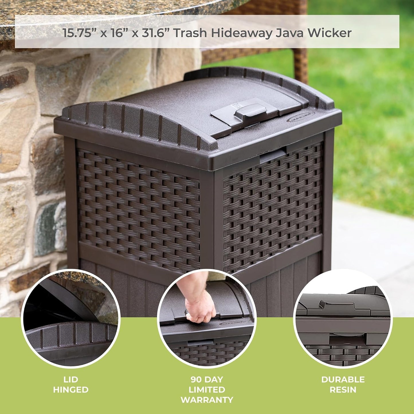 33 Gallon Outdoor Trashcan Hideaway with Lid for 30 to 33 Gallon Trash Bags for Garage, Backyard, or Garden, Brown, Made in the USA