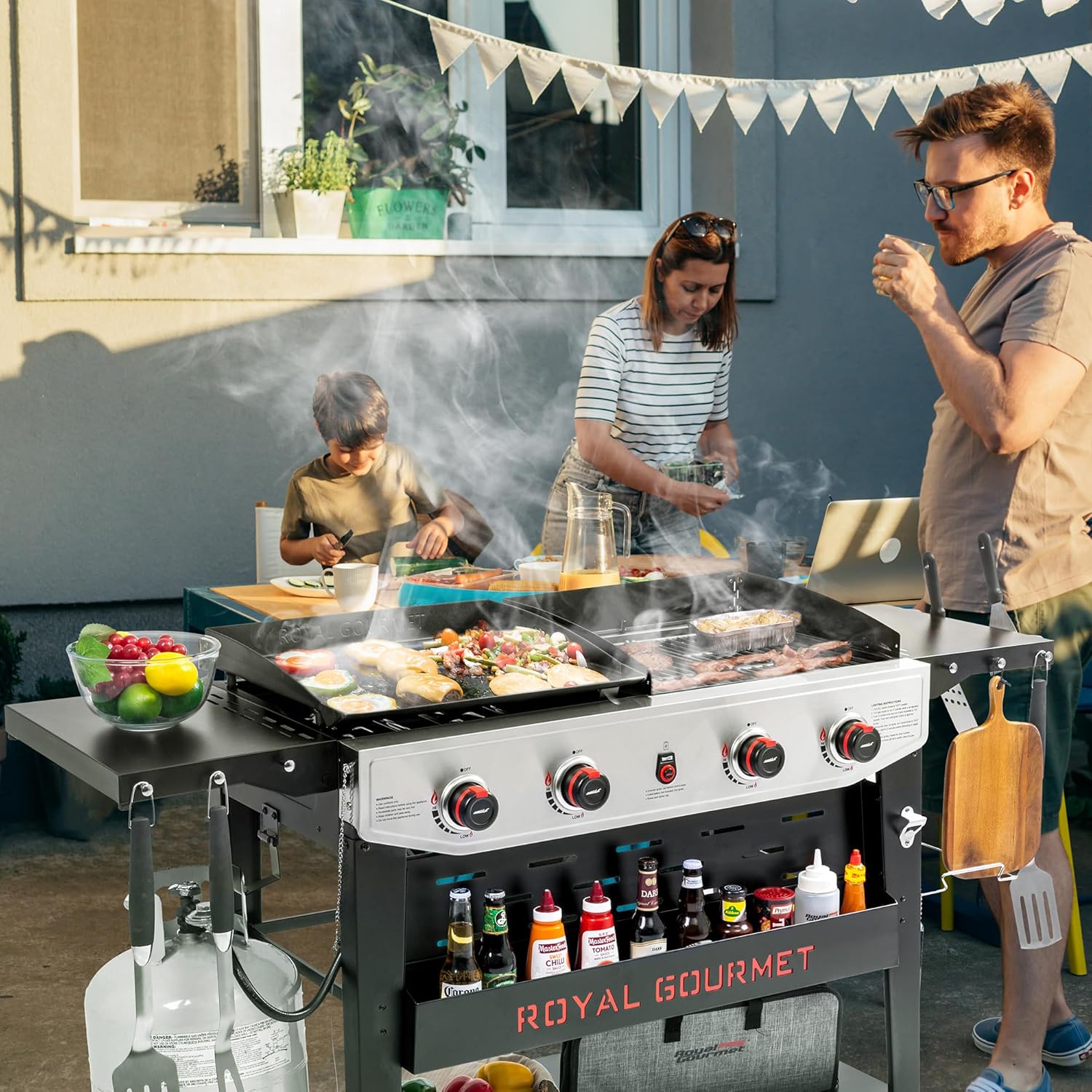 4-Burner Propane Gas Grill and Griddle Combo with Side Table, Porcelain-Enameled Cast Iron Grates & Ceramic-Coated Steel Griddle, Heavy-Duty and Portable, Black & Silver, GD405B-SC