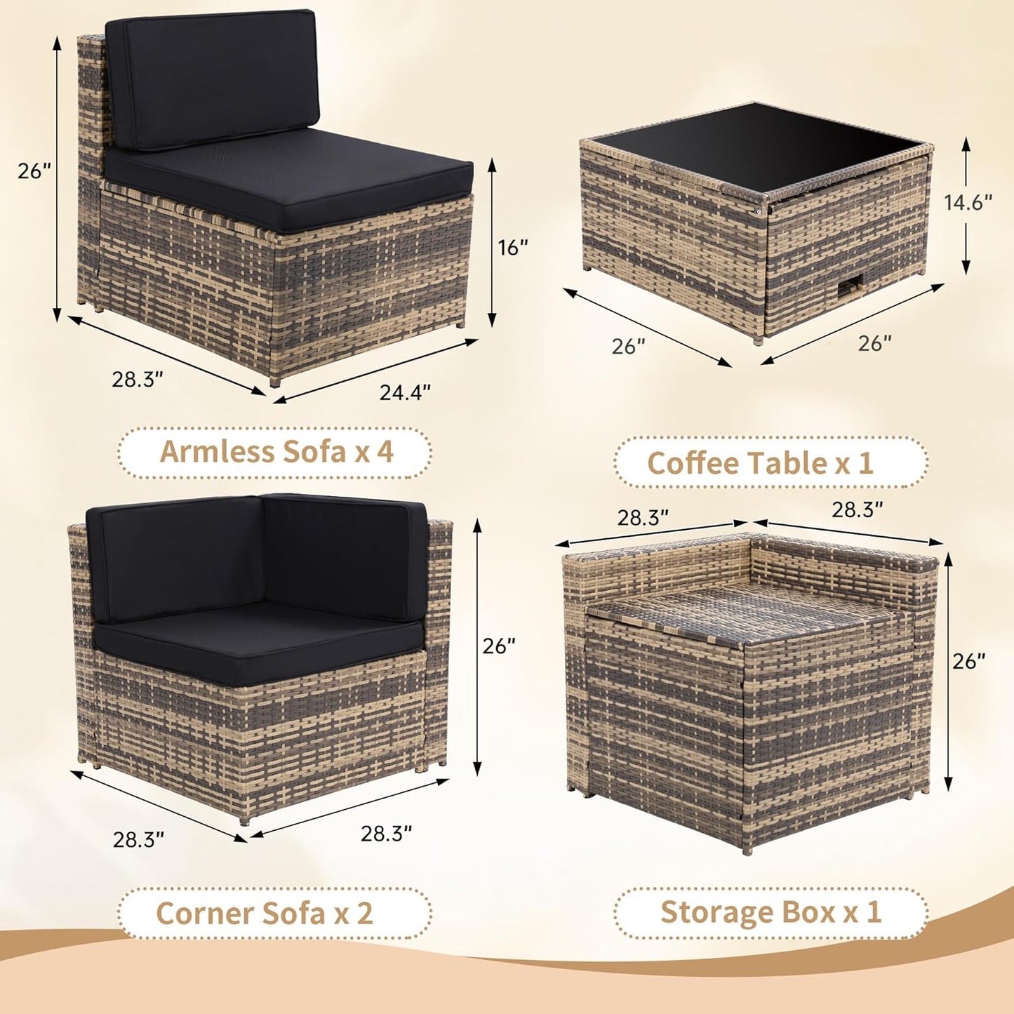 8 Piece Outdoor Wicker Patio Furniture Sectional Set, Glass Top Table with Hidden Storage, Includes 7 Seating Components, Natural Rattan with Black Overstuffed Cushions