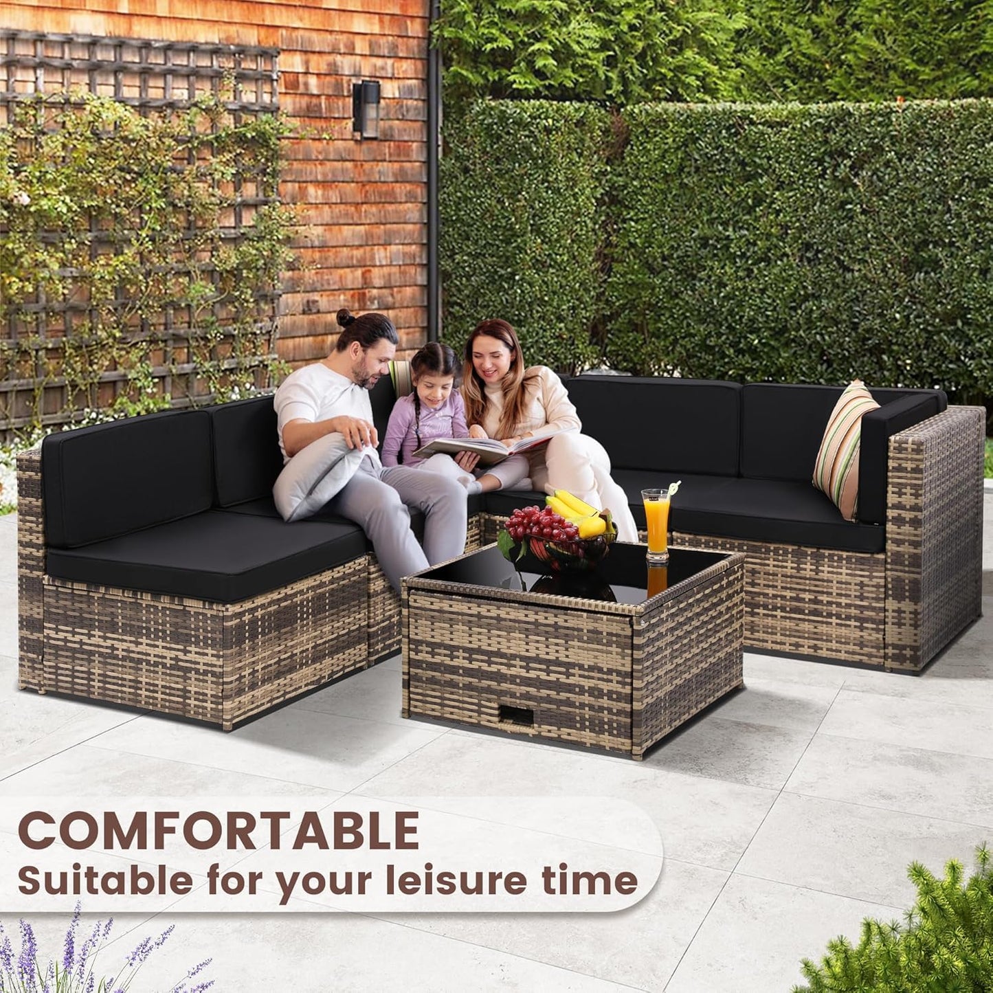 8 Piece Outdoor Wicker Patio Furniture Sectional Set, Glass Top Table with Hidden Storage, Includes 7 Seating Components, Natural Rattan with Black Overstuffed Cushions