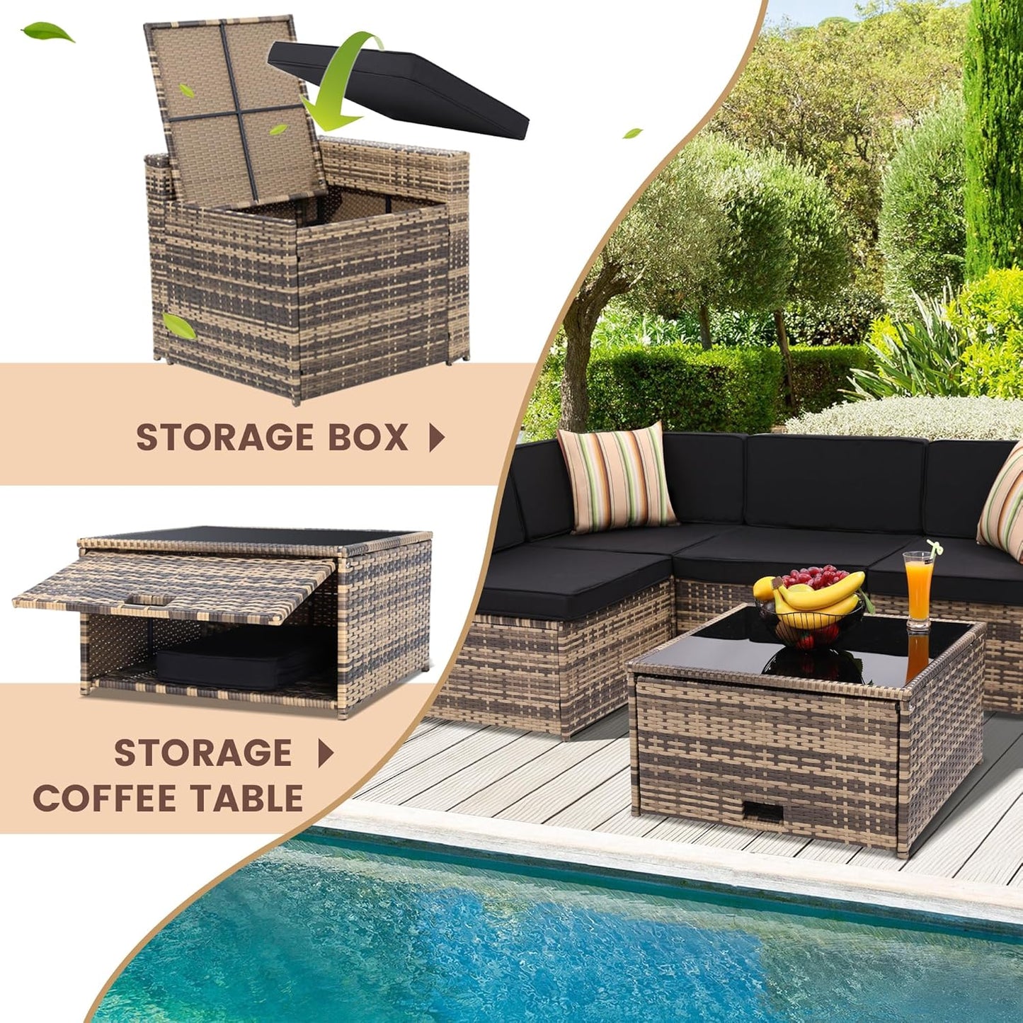 8 Piece Outdoor Wicker Patio Furniture Sectional Set, Glass Top Table with Hidden Storage, Includes 7 Seating Components, Natural Rattan with Black Overstuffed Cushions