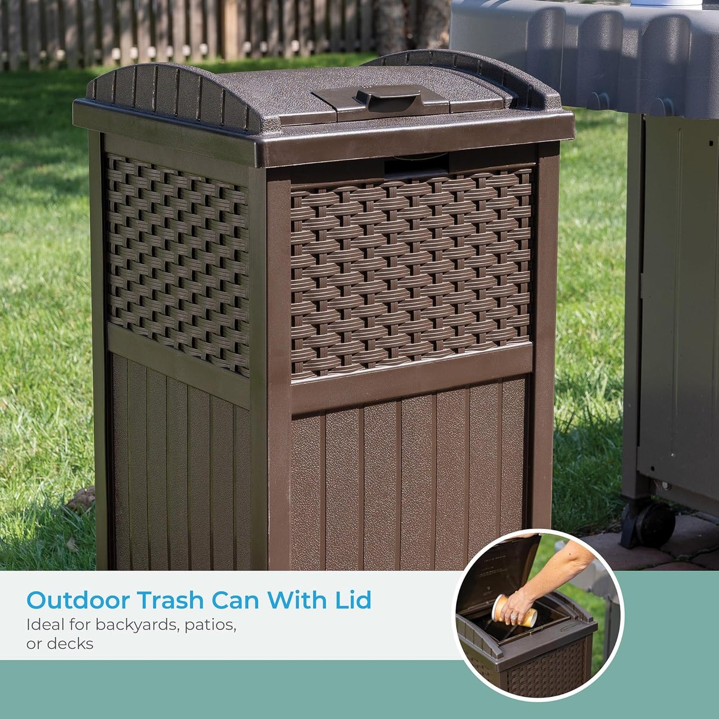 33 Gallon Outdoor Trashcan Hideaway with Lid for 30 to 33 Gallon Trash Bags for Garage, Backyard, or Garden, Brown, Made in the USA