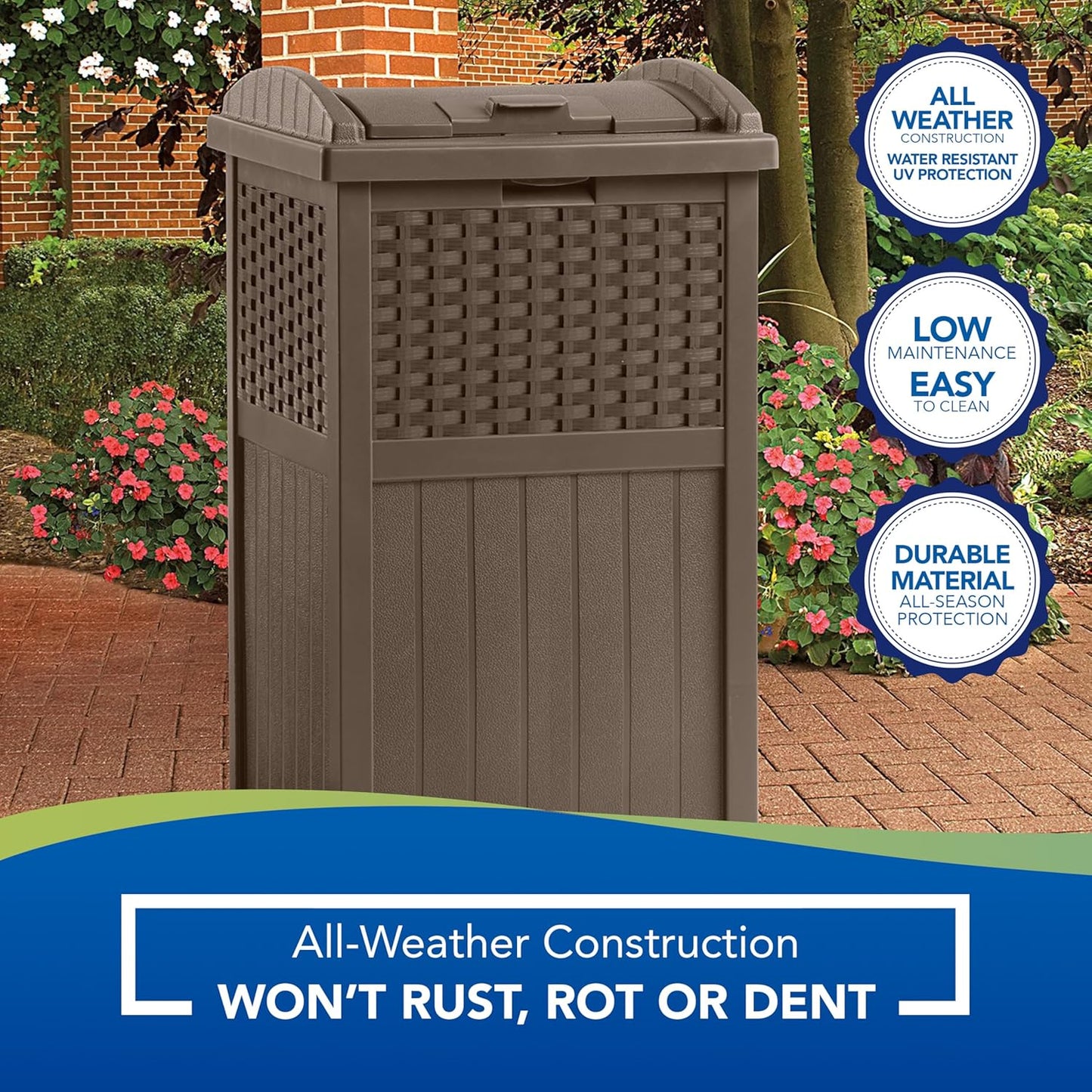 33 Gallon Outdoor Trashcan Hideaway with Lid for 30 to 33 Gallon Trash Bags for Garage, Backyard, or Garden, Brown, Made in the USA