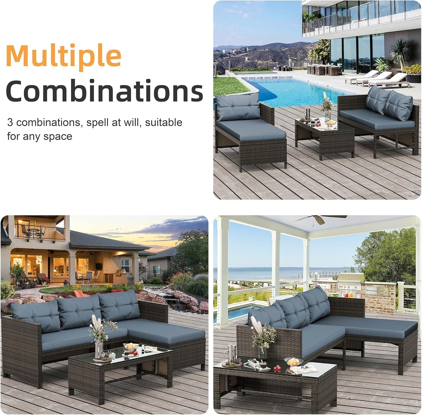 Outdoor Patio Furniture Sets, Wicker Patio Sectional Sets 3-Piece, All Weather Wicker Rattan Patio Seating Sofas with Glass Coffee Table and Cushion (Blue)