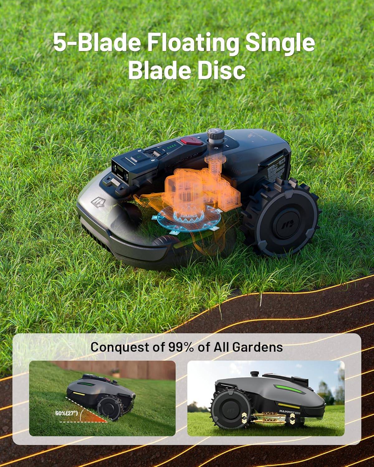 YUKA Mini 500H Robotic Lawn Mower Reception 0.12 Acre, Max. 0.17 Acre, Ultrasense AI Vision+ RTK Positioning, Auto Mapping, App Control, 50% Slope, Cutting Height 2''~3.5'', 15 Mowing Zones