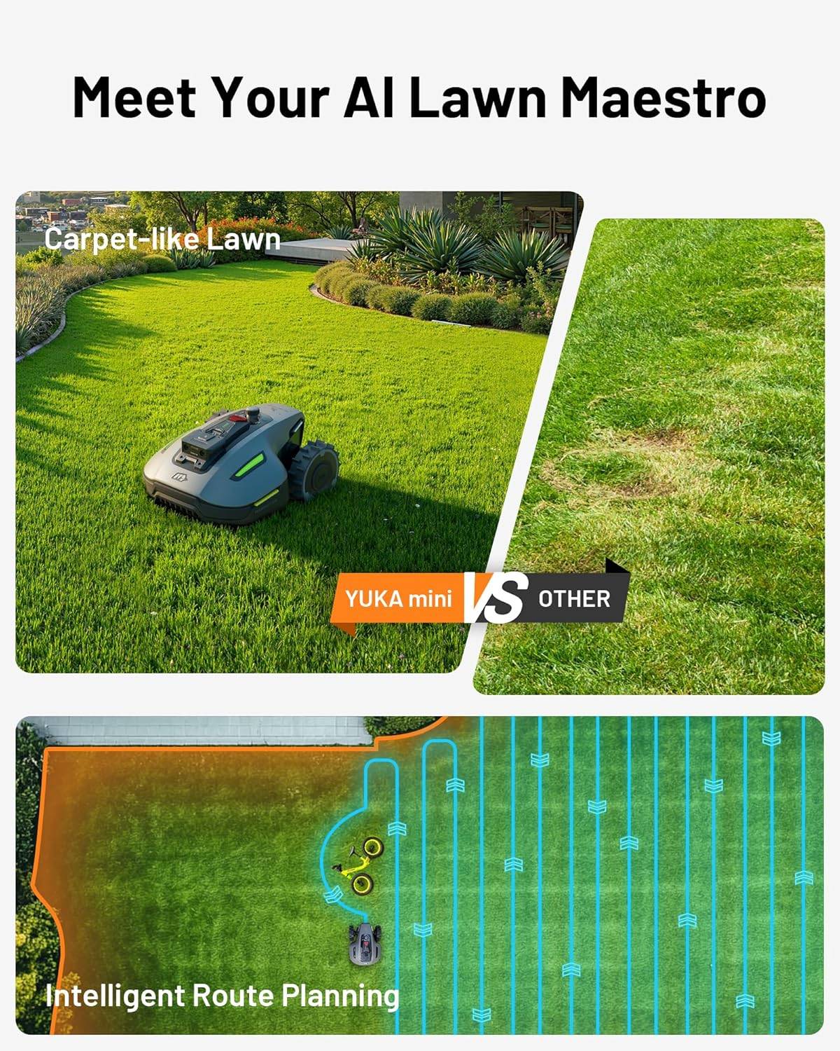 YUKA Mini 500H Robotic Lawn Mower Reception 0.12 Acre, Max. 0.17 Acre, Ultrasense AI Vision+ RTK Positioning, Auto Mapping, App Control, 50% Slope, Cutting Height 2''~3.5'', 15 Mowing Zones