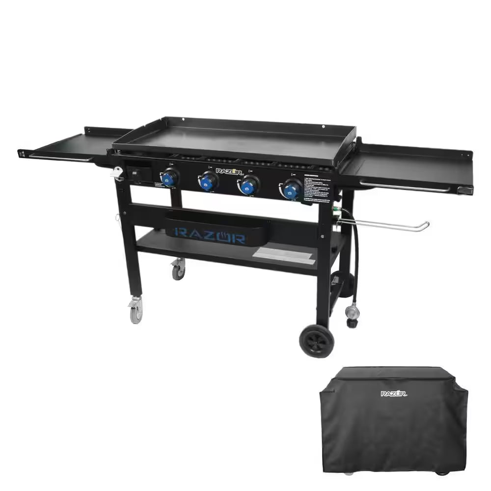 37 In. 4-Burner Portable Propane Gas Griddle Flat Top Grill in Black with Foldable Shelves and Cover