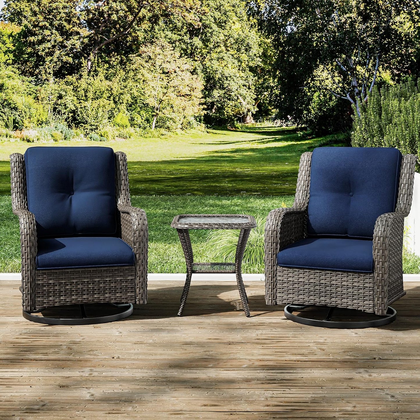Outdoor Swivel Rocker Patio Chairs Set of 2 and Matching Side Table - 3 Piece Wicker Patio Bistro Set with Premium & Soft Fabric Cushions(Mixed Grey/Blue)