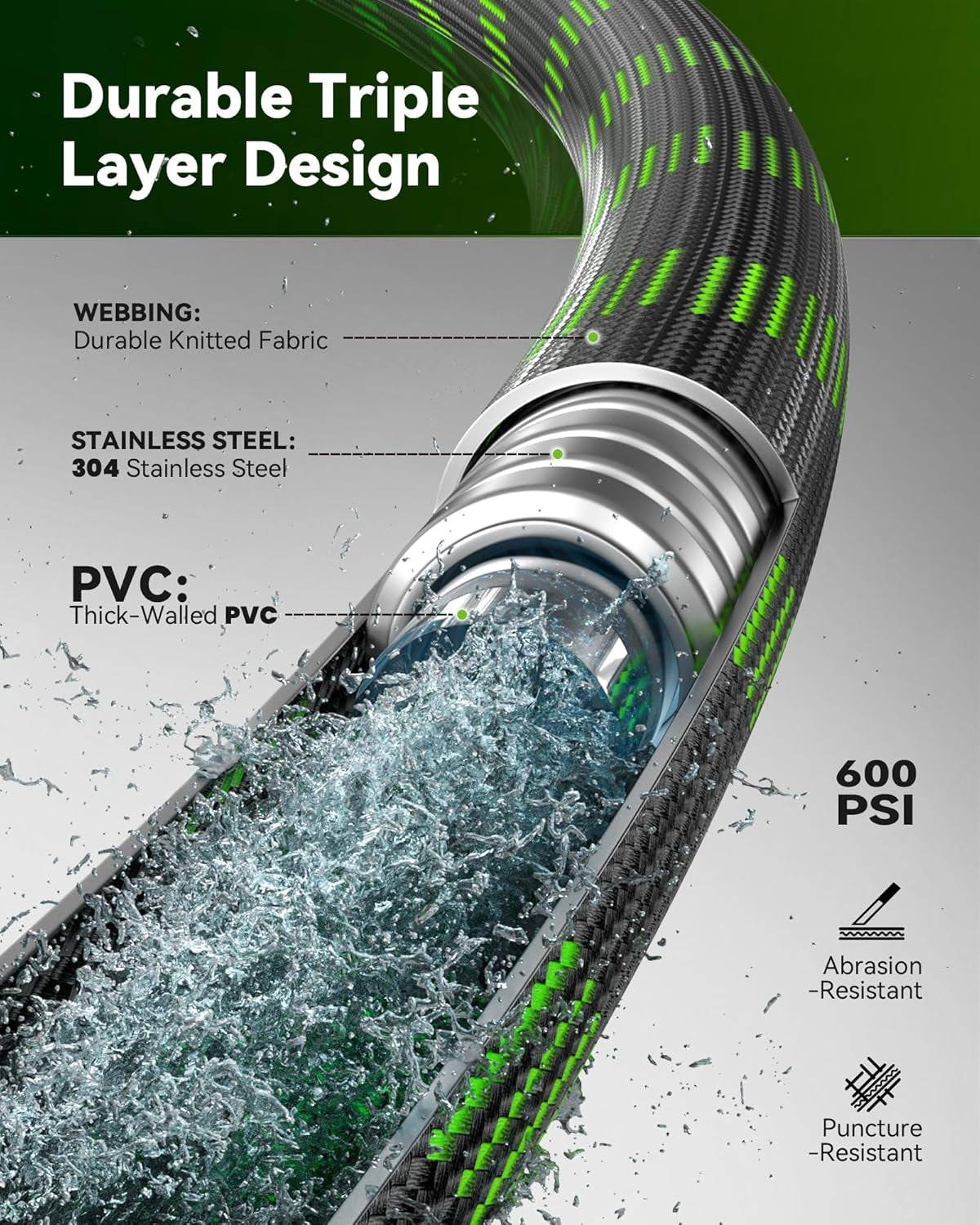 Metal Garden Hoses for Yard 100 Ft - No-Kink 304 Water Hose 100Ft with 10 Mode Nozzle - Brass Connection, Swivel Handle, Flexible Hose,Lightweight, Puncture