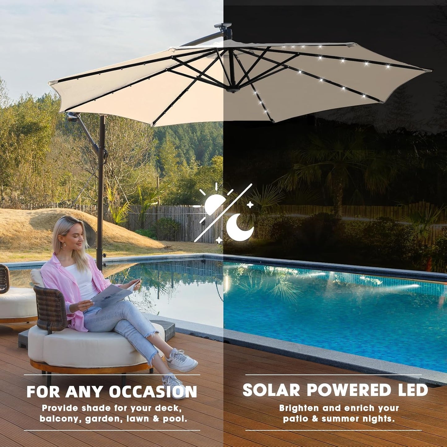 10Ft Solar LED Offset Hanging Market Cantilever Patio Umbrella for Backyard, Poolside, Lawn and Garden, Easy Tilt Adjustment, Polyester Shade & Cross Base, Beige